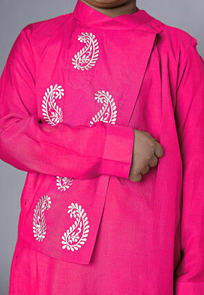 Embroidered Muslin Silk Asymmetric Kurta Set in Fuchsia