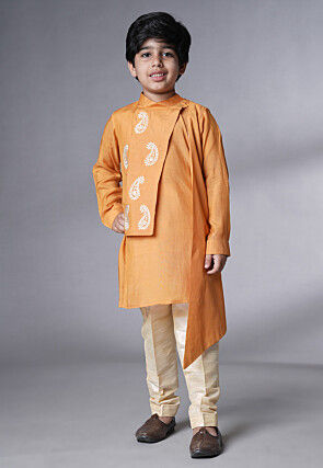 Embroidered Muslin Silk Asymmetric Kurta Set in Mustard