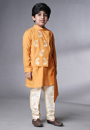 Embroidered Muslin Silk Asymmetric Kurta Set in Mustard