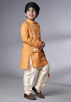 Embroidered Muslin Silk Asymmetric Kurta Set in Mustard