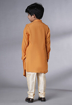 Embroidered Muslin Silk Asymmetric Kurta Set in Mustard