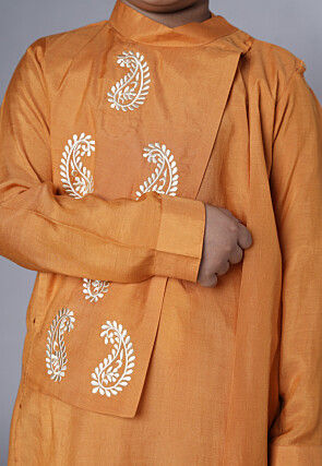 Embroidered Muslin Silk Asymmetric Kurta Set in Mustard