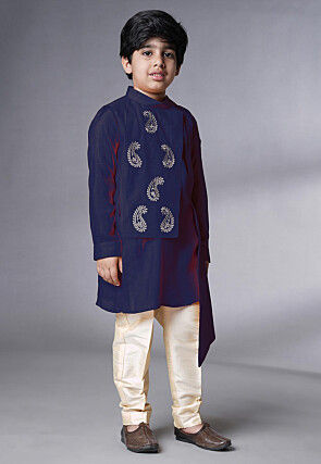 Embroidered Muslin Silk Asymmetric Kurta Set in Navy Blue
