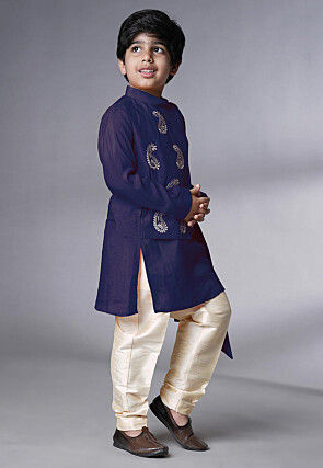 Embroidered Muslin Silk Asymmetric Kurta Set in Navy Blue