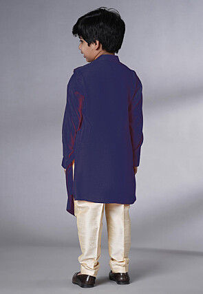 Embroidered Muslin Silk Asymmetric Kurta Set in Navy Blue