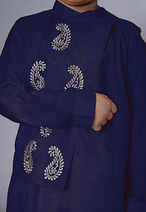 Embroidered Muslin Silk Asymmetric Kurta Set in Navy Blue
