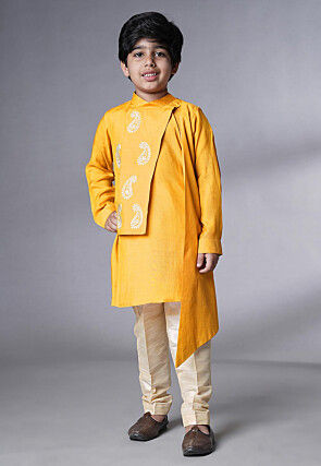 Embroidered Muslin Silk Asymmetric Kurta Set in Yellow
