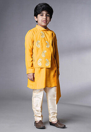 Embroidered Muslin Silk Asymmetric Kurta Set in Yellow