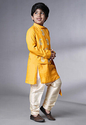 Embroidered Muslin Silk Asymmetric Kurta Set in Yellow