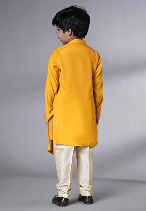Embroidered Muslin Silk Asymmetric Kurta Set in Yellow