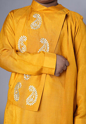 Embroidered Muslin Silk Asymmetric Kurta Set in Yellow