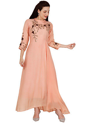 Embroidered Muslin Silk Flared Gown in Peach