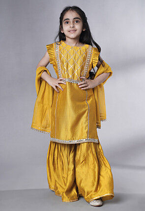Embroidered Muslin Silk Pakistani Suit in Mustard
