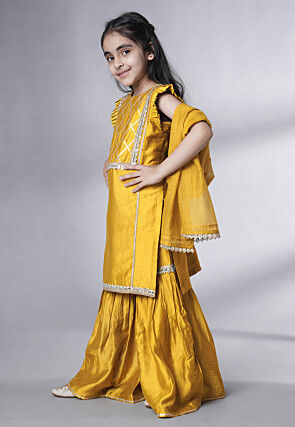 Embroidered Muslin Silk Pakistani Suit in Mustard