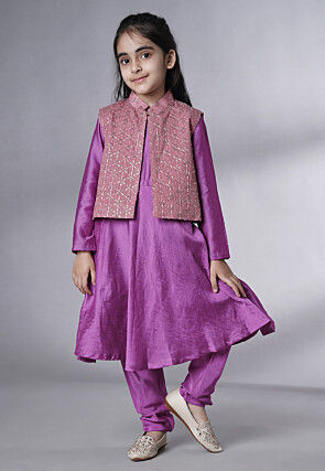 Embroidered Muslin Silk A Line Suit in Purple