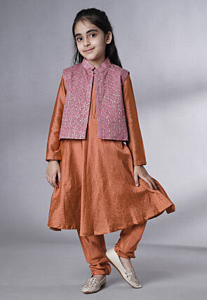 Embroidered Muslin Silk A Line Suit in Rust