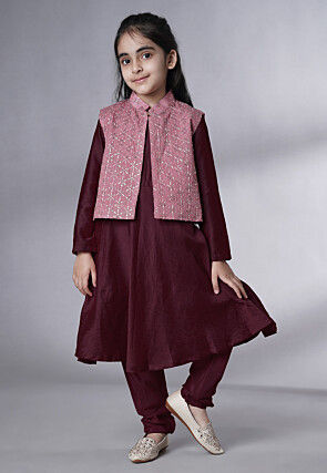 Embroidered Muslin Silk A Line Suit in Wine