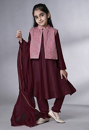 Embroidered Muslin Silk A Line Suit in Wine