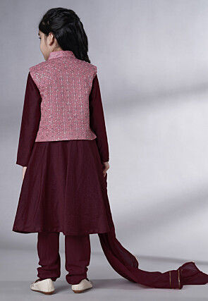 Embroidered Muslin Silk A Line Suit in Wine
