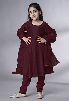 Embroidered Muslin Silk A Line Suit in Wine
