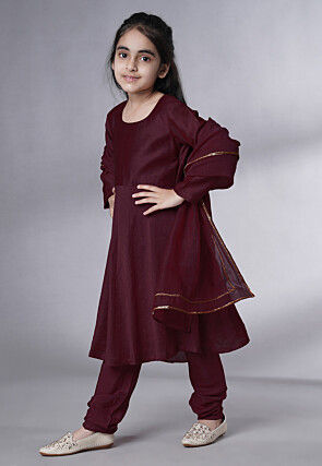 Embroidered Muslin Silk A Line Suit in Wine
