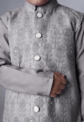 Embroidered Muslin Silk Kurta Set in Grey