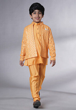 Embroidered Muslin Silk Kurta Set in Mustard