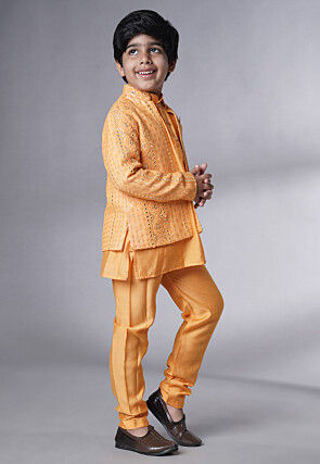 Embroidered Muslin Silk Kurta Set in Mustard