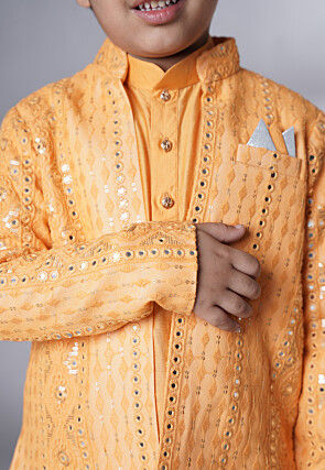 Embroidered Muslin Silk Kurta Set in Mustard