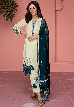 Embroidered Muslin Silk Pakistani Suit in Cream