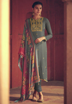 Embroidered Muslin Silk Pakistani Suit in Light Grey