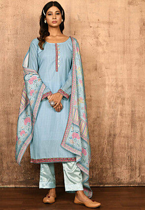 Embroidered Muslin Silk Pakistani Suit in Light Blue
