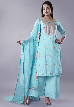 Embroidered Muslin Silk Pakistani Suit in Light Blue