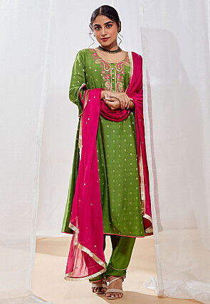 Embroidered Muslin Silk A Line Suit in Light Green