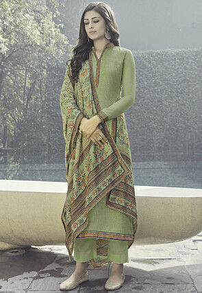Embroidered Muslin Silk Pakistani Suit in Light Green
