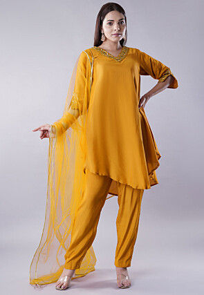Embroidered Muslin Silk Pakistani Suit in Mustard