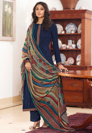 Embroidered Muslin Silk Pakistani Suit in Navy Blue