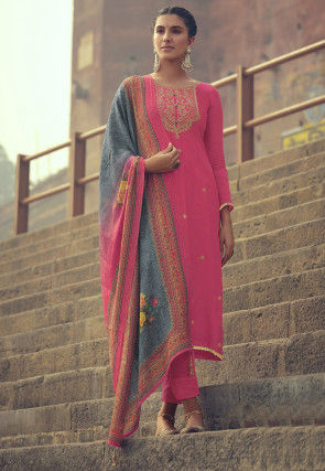 Embroidered Muslin Silk Pakistani Suit in Pink