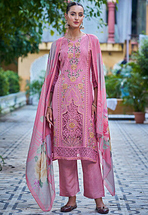 Pink Printed & Embroidered Muslin Salwar Suit