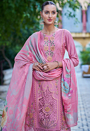Pink Embroidered Muslin Festive Style Salwar Suit