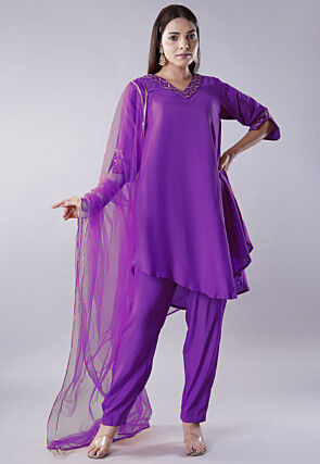 Embroidered Muslin Silk Pakistani Suit in Purple