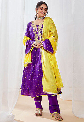 Embroidered Muslin Silk A Line Suit in Purple