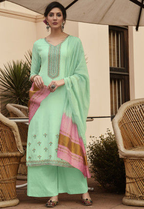Embroidered Muslin Silk Pakistani Suit in Sea Green
