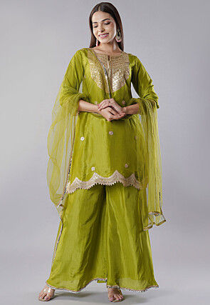 Embroidered Muslin Silk Pakistani  Suit in Green