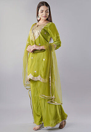 Embroidered Muslin Silk Pakistani  Suit in Green