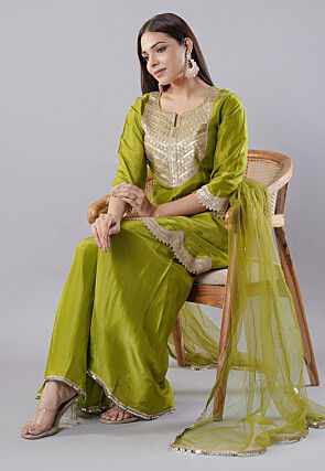 Embroidered Muslin Silk Pakistani  Suit in Green