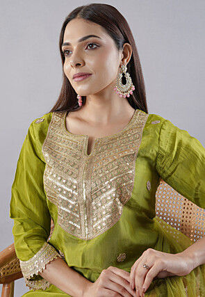 Embroidered Muslin Silk Pakistani  Suit in Green