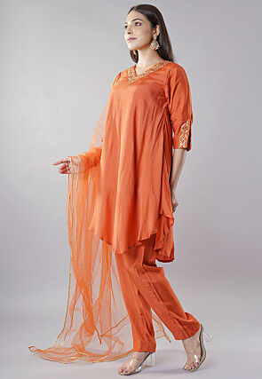 Embroidered Muslin Silk Pakistani  Suit in Rust