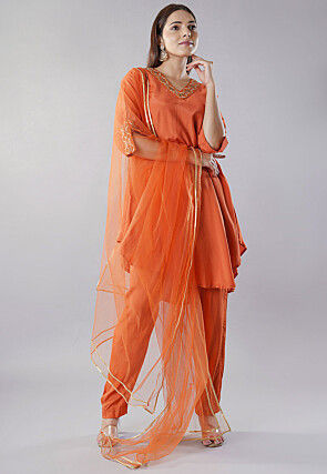 Embroidered Muslin Silk Pakistani  Suit in Rust