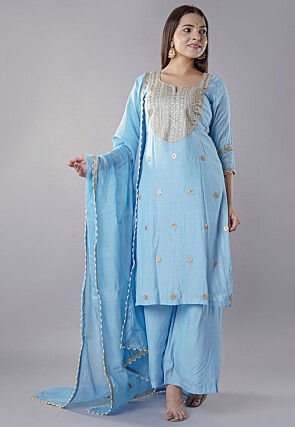 Embroidered Muslin Silk Pakistani  Suit in Sky Blue